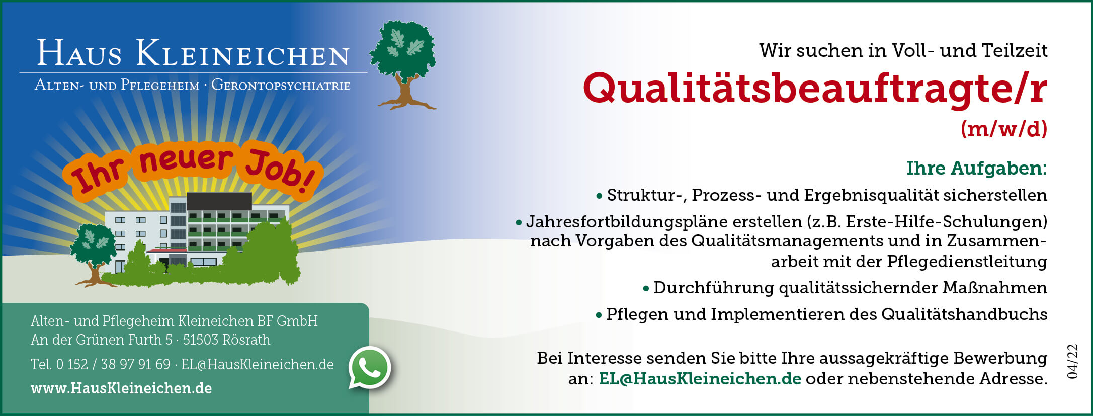 Stellenanzeige: Qualitätsbeauftragte/r