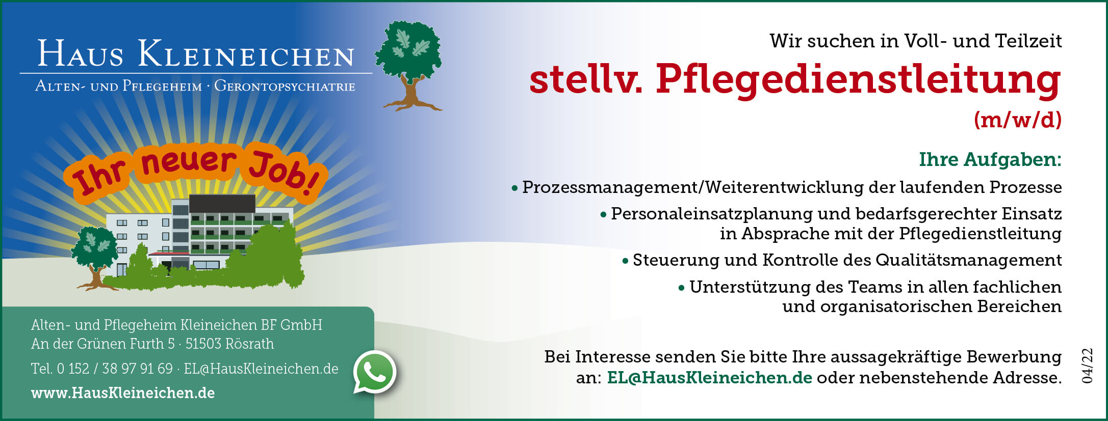 Stellenanzeige: stellv. Pflegedienstleitung