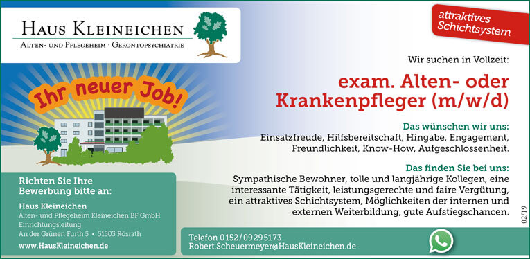 Stellenanzeige: examinierte/r Alten- und Krankenpfleger/in