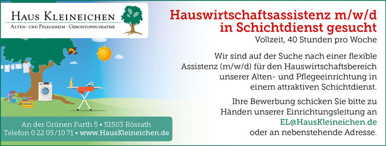 Stellenanzeige: Hauswirtschaftshilfe für die Waschküche (w/m/d)