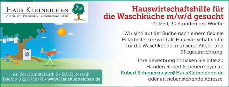 Stellenanzeige: Hauswirtschaftshilfe für die Waschküche (w/m/d)